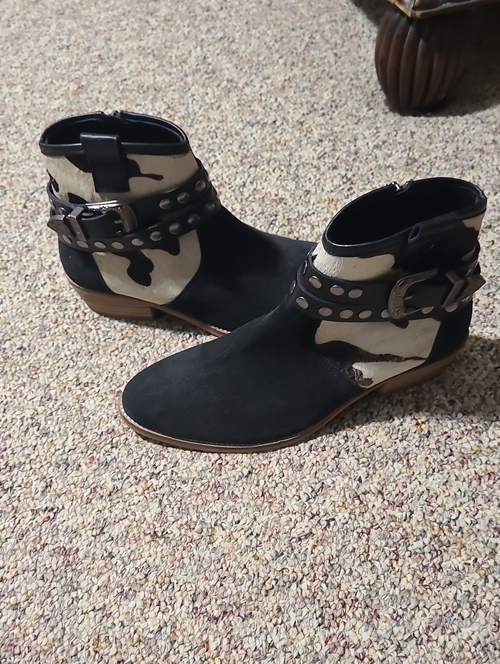 Studded Buckle Ankle Boots in Black and Cream